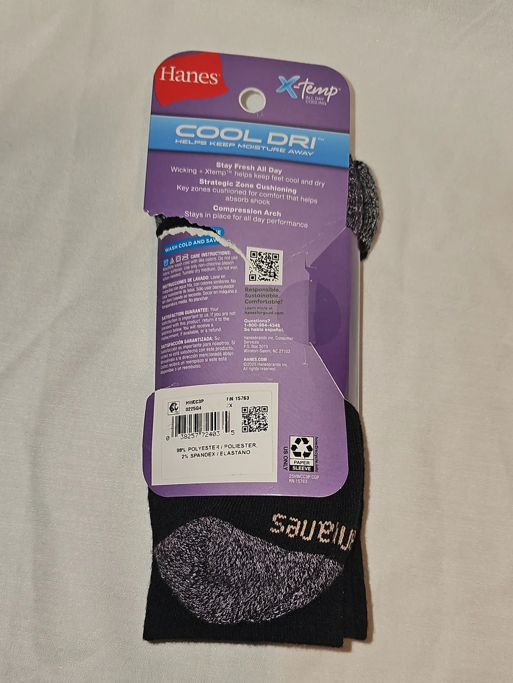 Hanes Extended Size Women's Shoe Size 8-12 Black Crew Cool-Dri Socks 3 Pairs New